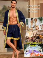 ChiaoLezhee Men's Luxury Silky Robe & Shorts Set, 2PC Lightweight Satin Pajamas with Pockets, Opulent Baroque Kimono Gifts