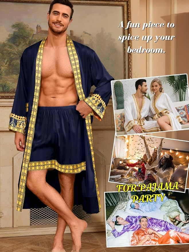 ChiaoLezhee Men's Luxury Silky Robe & Shorts Set, 2PC Lightweight Satin Pajamas with Pockets, Opulent Baroque Kimono Gifts