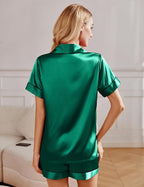 Ekouaer 2 Pack Pajama Sets for Women Silk Satin Pj Short Sleeve Button Down Sleepwear Top and Shorts Summer Lounge Set S-XXL
