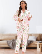 EPLAZA Silk Pajamas for Women Satin Pajamas Set 5 Pcs Long Sleeve Print Pattern Button Down Pjs Sleepwear Loungewear Set