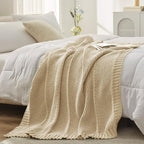 Amélie Home Knit Throw Blanket, Soft Chenille Cozy Breathable Chevron Chunky Decorative Blanket for Couch, Bed & Sofa, French-Inspired Lightweight Warm Gift for Women, Beige, 60"x80"