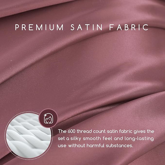 MR&HM Satin Bed Sheets Set, 3 Pcs, Twin XL, Rose Taupe, 600 Thread Count, 15 Inches Deep Pocket
