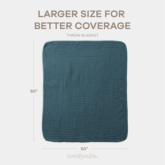 Comfy Cubs Muslin Throw Blanket - 50” x 60” Quilted Design - Lightweight, Breathable 6-Layer Gauze Fabric - Soft Cotton Blanket for Home or Travel - Packaged in Elegant Gift Box - Neptune