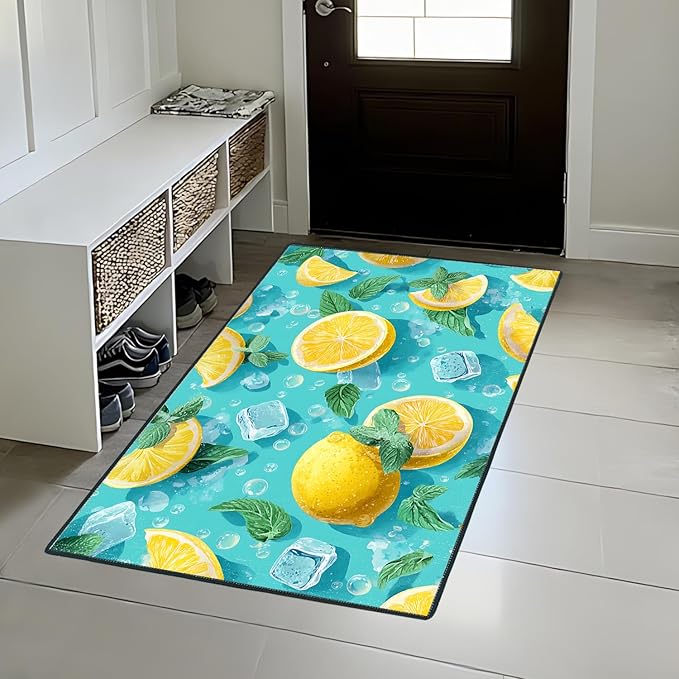 Lemon Area Rug 2x3 ft Entry Rug Washable Boho Rugs Non Slip Low Pile Floral Door Mat Small Carpet for Bedroom, Bedside, Kids Room, Office, Dining Room