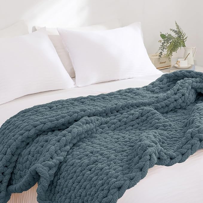 YAAPSU Chunky Knit Throw Blanket for Couch, 51"x63", 100% Hand Knitted Thick Cable Knit with Cozy Jumbo Chenille Yarn, Soft Large Rope Knot Crochet Blankets for Sofa Bed Living Room Décor, BlueSpruce