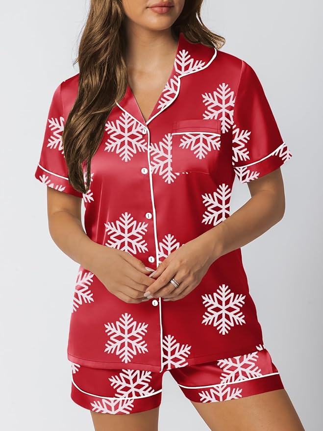 LILLUSORY Silk Satin Pajama Set for Women 2 Piece Lounge Pjs Winter Matching Summer Sleepwear Button Down Shirt Shorts
