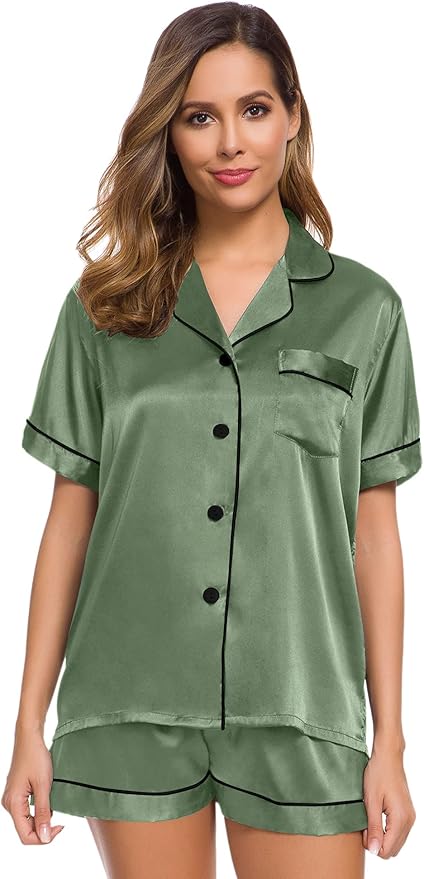 SWOMOG Womens Silk Satin Pajamas Set Short Sleeve Sleepwear Button Down Top and Shorts Loungewear 2 Piece Pjs Set XS-3XL