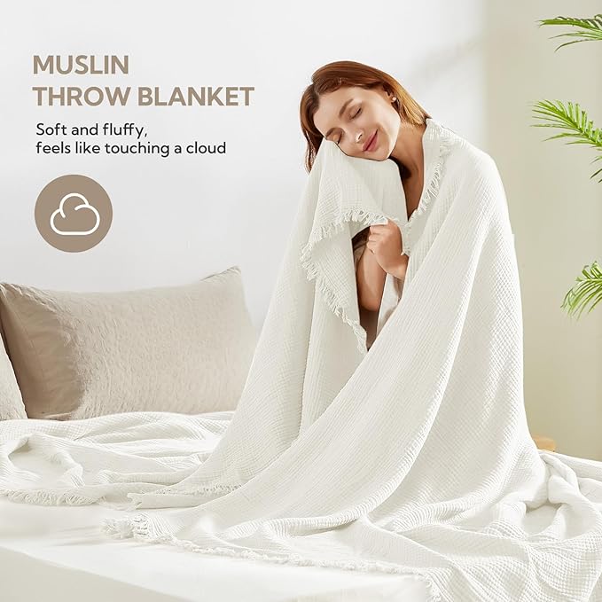 SOULFUL Muslin Throw Blanket with Tassels - Soft Twin Cotton Throw Blanket for Couch or Bed, Lightweight and Breathable Gauze for All Seasons, White, 60" x 80"