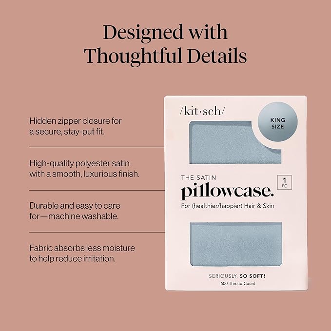 Kitsch Satin Pillowcase with Zipper for Hair & Skin - Softer Than Silk Pillow Cases, Smooth Cooling Satin Pillow Case, Wrinkle-Free, Machine Washable, King Size Satin Pillow Case 19x36 -Haze Blue