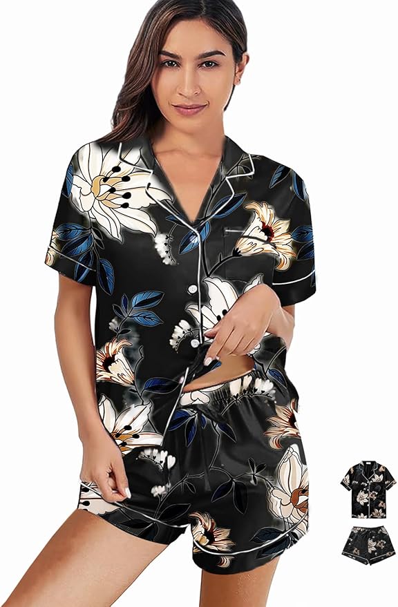 WJing Yi Jia Womens 3Pcs Satin Pajamas Set Floral Silk Pajama Sets Stripe Lounge Set Silky Sleepwear XS-2XL Pjs Long Scarves