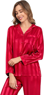 SWOMOG Womens Silk Satin Pajamas Set Long Sleeve Button Down Sleepwear 2 Piece Lounge Set Pj Set XS-3XL