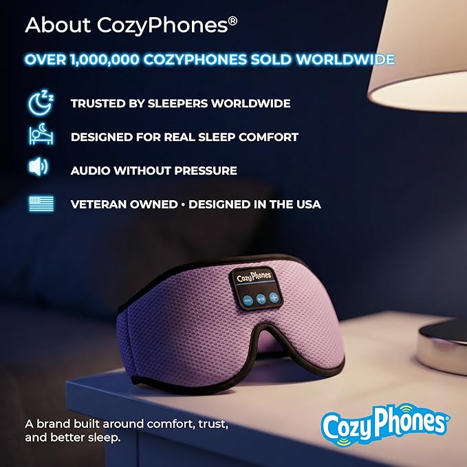 CozyPhones Bluetooth Sleep Mask with Headphones – 3D Contoured Memory Foam Eye Mask, Wireless Eye Mask for Sleeping, Adjustable Sleep Headphones, Bluetooth 5.4, 14H Playtime - Lavender