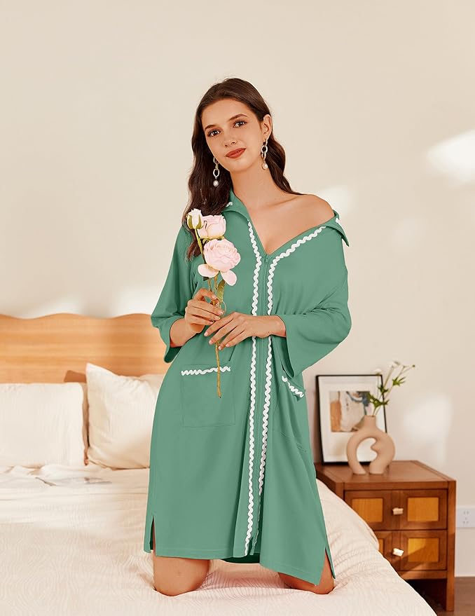 Ekouaer Women Zipper Robe Lightweight House Coat Zipper Front Short Bathrobes Soft Nightgown with Pockets S-3XL