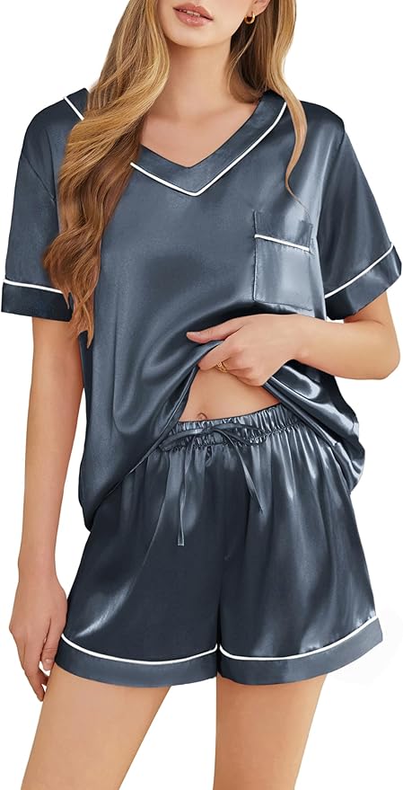 Silk Pajamas for Women Short Sleeve Satin 2 Piece Pj Set Soft V Neck Sleepwear Loungewear, S-XXL