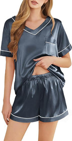 Silk Pajamas for Women Short Sleeve Satin 2 Piece Pj Set Soft V Neck Sleepwear Loungewear, S-XXL