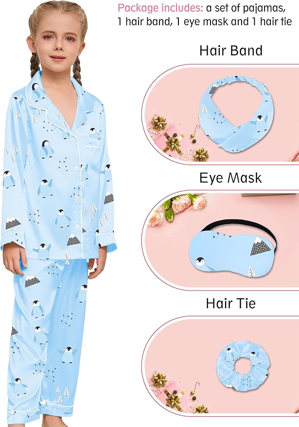EPLAZA Kids Satin Pajamas Sets Girls Boys Button-Down Silky Pajamas Sleepwear with Hairband Eye Mask Hair Tie