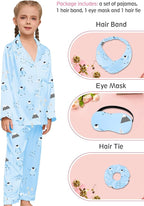 EPLAZA Kids Satin Pajamas Sets Girls Boys Button-Down Silky Pajamas Sleepwear with Hairband Eye Mask Hair Tie