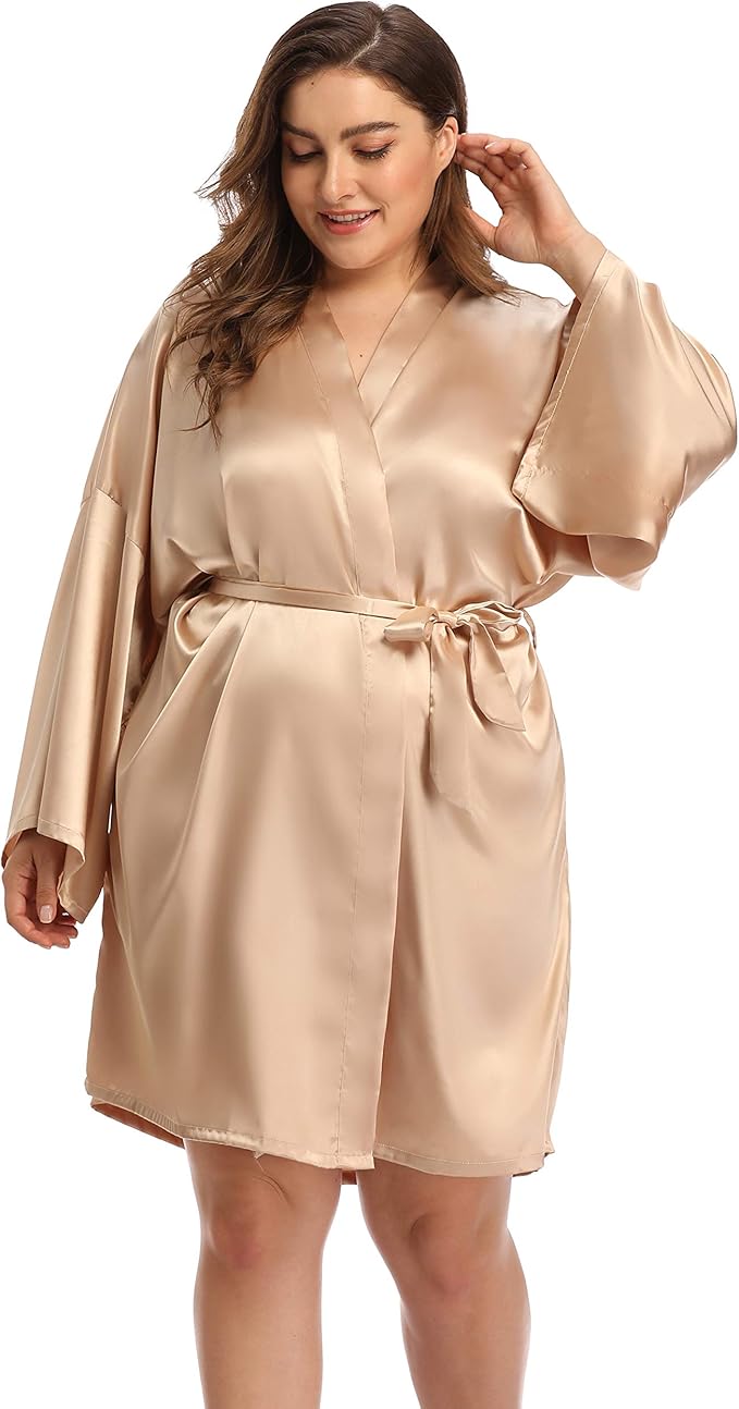 Women's Plus Size Short Satin Kimono Robes Sleepwear Bathrobes Silky Dressing Gown