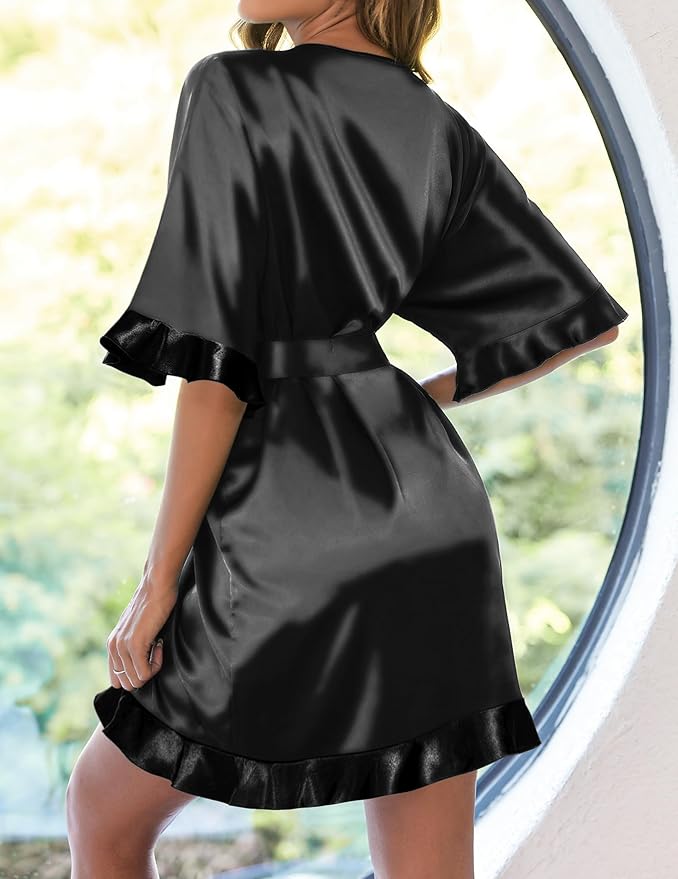 Ekouaer Womens Silk Ruffle Robe Short Satin Kimono Robe Half Sleeve Bathrobe Bridesmaid Wedding Party Dressing Gown