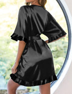 Ekouaer Womens Silk Ruffle Robe Short Satin Kimono Robe Half Sleeve Bathrobe Bridesmaid Wedding Party Dressing Gown