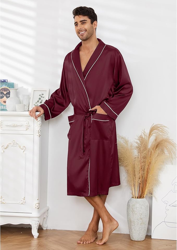 Vulcanodon Men’s Satin Robe Lightweight,Men's Luxurious Silk Kimono Bathrobe