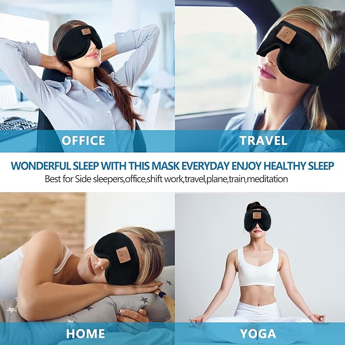 Bluetooth Sleep Mask, Sleep Mask with Bluetooth Headphones, Eye Mask with Sleeping Headphones for Side Sleeper, Nap, ASMR, Air Travel, Meditation, Relaxation-Black