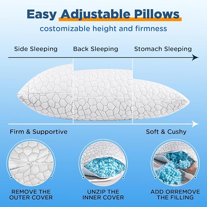 Cooling Pillow Standard Size Set of 2, Adjustable Bed Pillows for Sleeping, Luxury Shredded Memory Foam Pillows 2 Pack, Cool Soft Yet Supportive Firm Pillow for Side,Back,Stomach Sleepers, Hot Sleeper