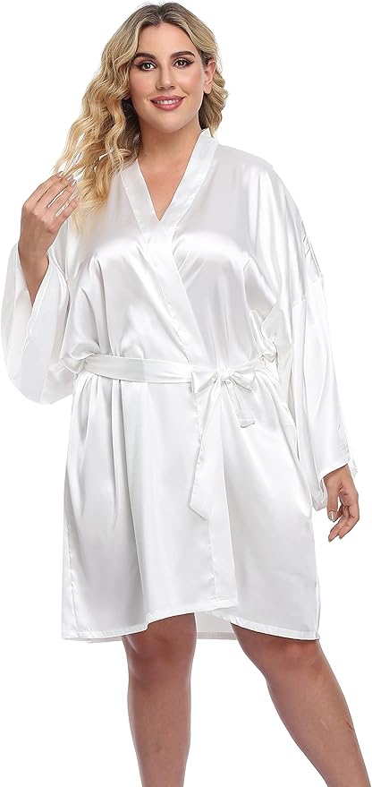 Women's Plus Size Short Silky Bathrobes Satin Kimono Robes Bride Bridesmaid Loungewear Soft Nightgown