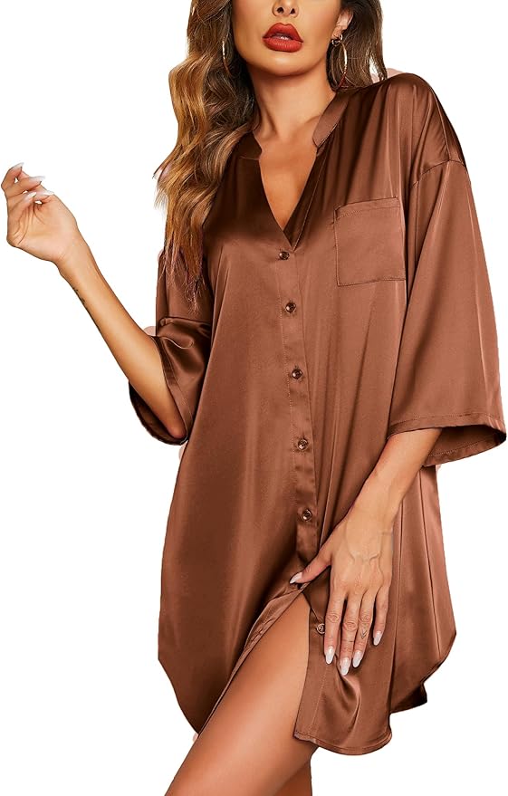 Ekouaer Satin Nightgowns for Women Silk Sleepwear Button Down Sleepshirt 3/4 Sleeve V-Neck Nightshirts with Pockets