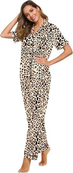 SWOMOG Women Satin Pajamas Set Short Sleeve Top & Pants Sleepwear Silky Button Down Nightwear 2pcs Loungewear Pjs Set