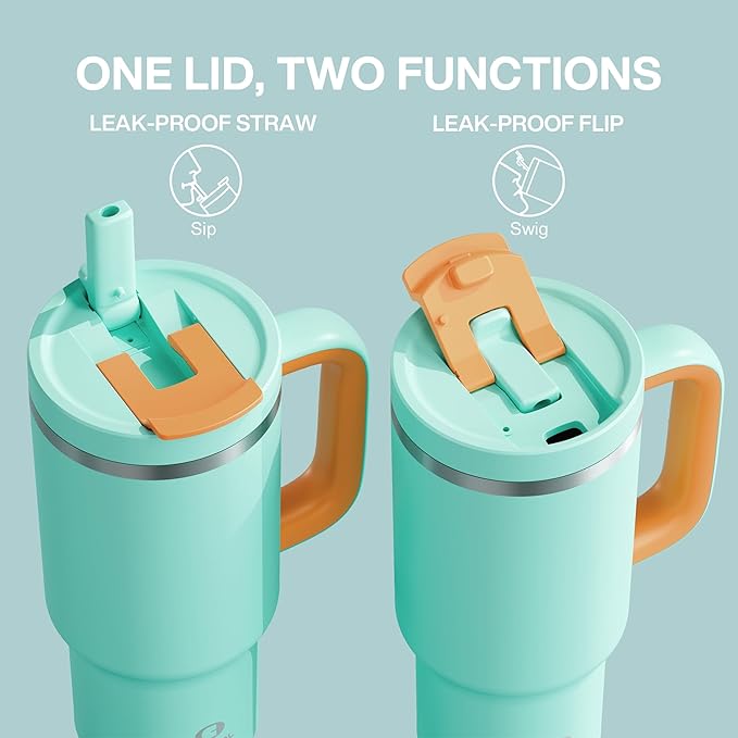 ENCOOL 32 oz Tumbler with Handle and Straw: Stainless Steel Insulated Tumbler Keeps Cold for 24 Hours, Leakproof Travel Cup Fits in Cup Holder and BPA-Free,Soft Cyan