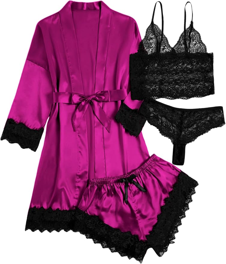 WDIRARA Women' Silk Satin Pajamas Set 4pcs Lingerie Floral Lace Cami Sleepwear with Robe