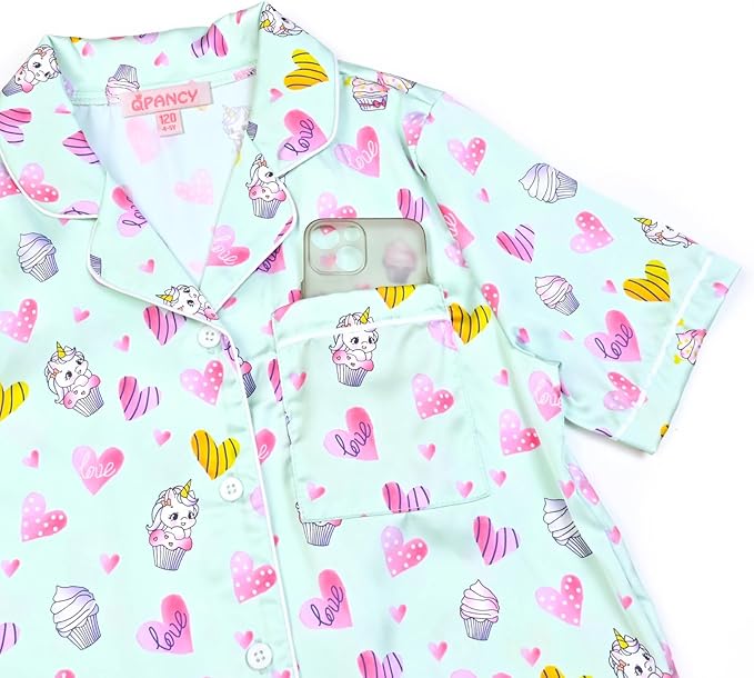 QPANCY Kids Satin Pajamas Sets Baby Boy Girl Button-Down Silk Sleepwear 2 Piece Short Sleeve Loungewear Clothes Set