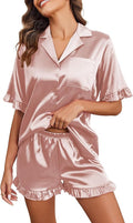 Ekouaer Satin Pajama Set for Women Button Down Silk 2 Piece Pj Sets Ruffle Short Sleeve Sleepwear