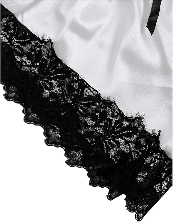 WDIRARA Women' Silk Satin Pajamas Set 4pcs Lingerie Floral Lace Cami Sleepwear with Robe