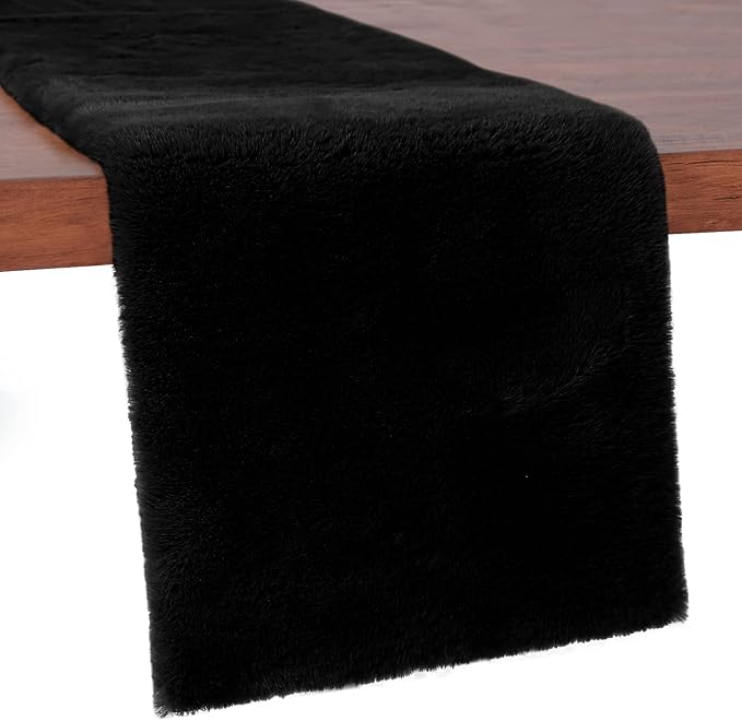 duduta Black Faux Fur Table Runner 72 inches Long, Fluffy Dresser Runner Covers Coffee Table Runner Winter Holiday Decor