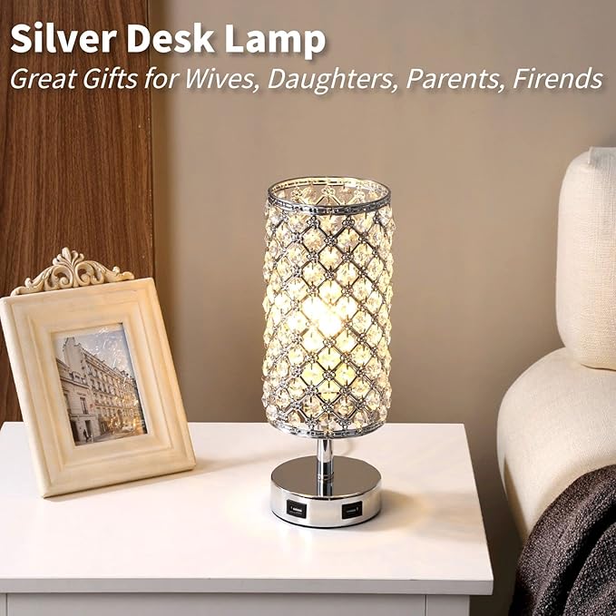 Crystal Table Lamps, Touch Silver Lamp Bedside Bedroom Desk Lamp with 2 USB Charging Port Nightstand Night Light Room Decor for Kids Room, Home Office, Living Room,Bar, Restaurant