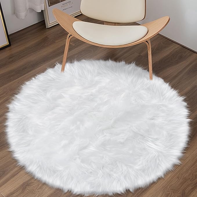 3 ft Fluffy White Round Rug for Bedroom Living Room, Soft Furry White Circle Rug for Kids Room Shaggy Circular Carpet for Nursery Teen's Room, Fuzzy Plush Rug for Dorm