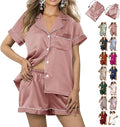 WJing Yi Jia Womens 3Pcs Floral Pajamas Sets Silk Satin Sleepwear XS~4XL Button Down Short Sleeve Shirt Pjs Loungewear