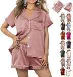 WJing Yi Jia Womens 3Pcs Floral Pajamas Sets Silk Satin Sleepwear XS~4XL Button Down Short Sleeve Shirt Pjs Loungewear