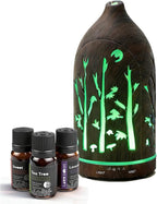 Essential Oil Diffuser,7.1''x3.5'' Air Diffusers with 3 Aromatherapy Oils Set,Small 200ml Humidifier with 7 LED Colors Lights,Waterless Auto-Off for Desk Office Home Decor Gift(Tree Dark Wood Grain)