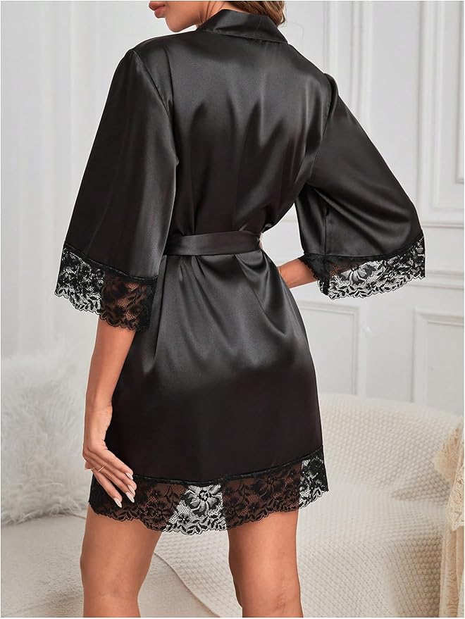 SHENHE Women's Satin Robe Sexy Lace Trim Tie Waist 3/4 Sleeve Comfy Silk Sleepwear