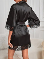 SHENHE Women's Satin Robe Sexy Lace Trim Tie Waist 3/4 Sleeve Comfy Silk Sleepwear