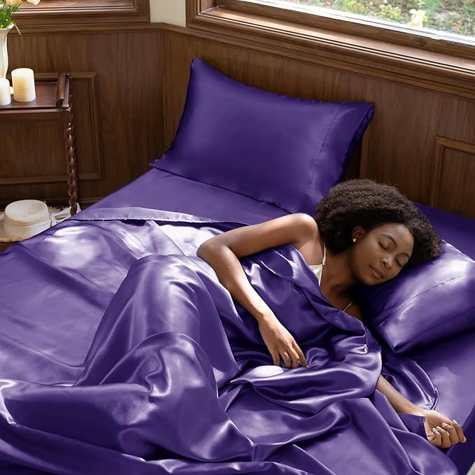 CozyLux Satin Sheets Queen Size Bed Set - 4 Piece Silky Queen Sheet Set, Luxury Purple Queen Sheets with Smooth and Soft Microfiber, Includes 1 Fitted Sheet, 1 Flat Sheet and 2 Pillowcases