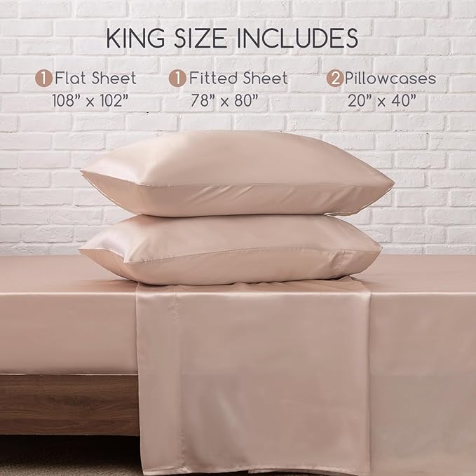 MR&HM Satin Bed Sheets, King Size Sheets Set, 4 Pcs Silky Bedding Set with 15 Inches Deep Pocket for Mattress (King, Champagne)
