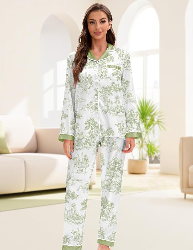 EPLAZA Silk Pajamas for Women Satin Pajamas Set 5 Pcs Long Sleeve Print Pattern Button Down Pjs Sleepwear Loungewear Set