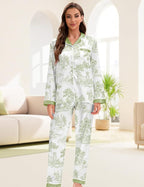 EPLAZA Silk Pajamas for Women Satin Pajamas Set 5 Pcs Long Sleeve Print Pattern Button Down Pjs Sleepwear Loungewear Set
