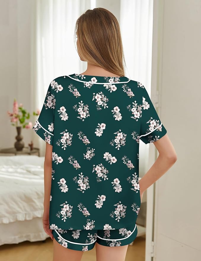 Silk Pajamas for Women Short Sleeve Satin 2 Piece Pj Set Soft V Neck Sleepwear Loungewear, S-XXL