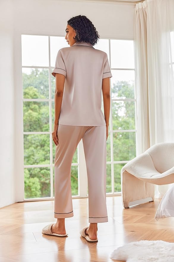 Ekouaer Satin Pajamas Set Women Short Sleeve Sleepwear Soft Button Down Loungewear Pjs Set