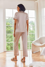 Ekouaer Satin Pajamas Set Women Short Sleeve Sleepwear Soft Button Down Loungewear Pjs Set